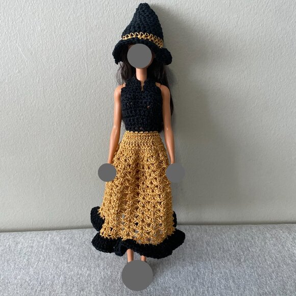 Handmade Crochet Halloween Black Gold Witch Outfit for 29cm Doll 2-Piece Set - Picture 5 of 12